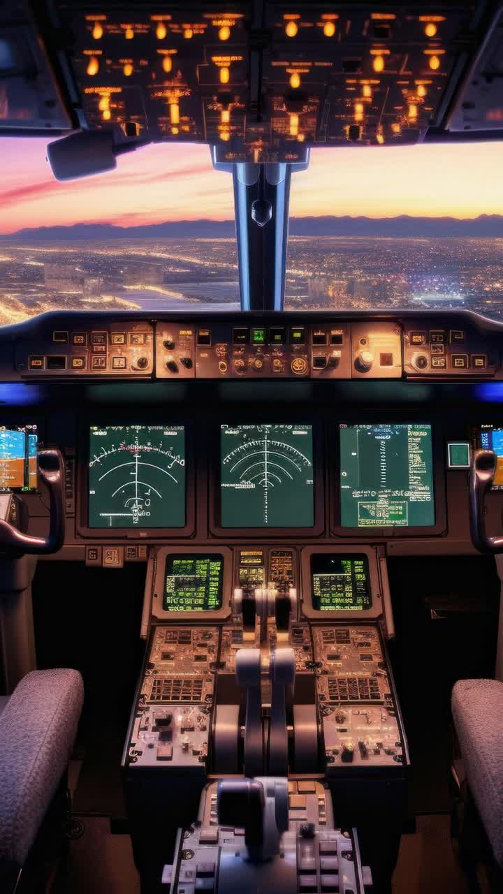 Cockpit view from a pilot's perspective, showcasing illuminated controls and a runway at dusk