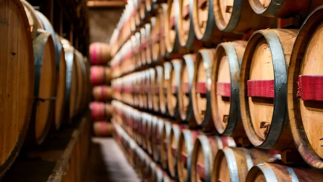 un montón de barriles de vino de madera apilados en un sótano