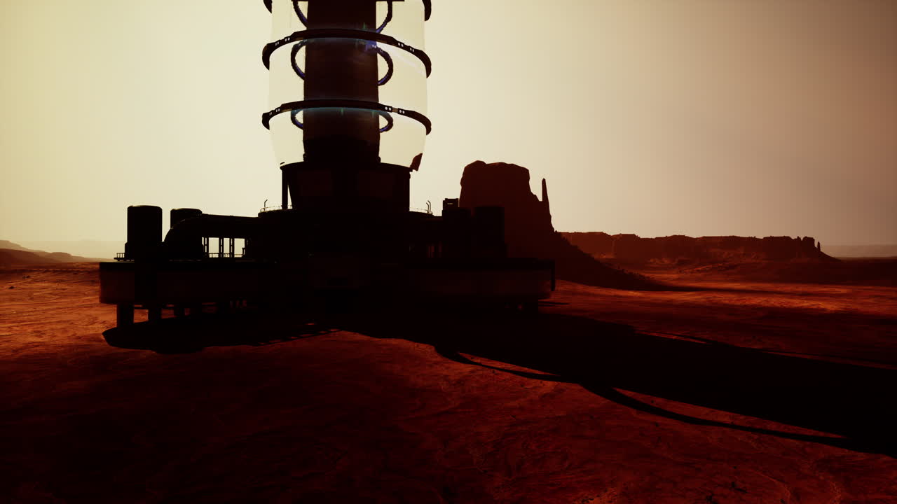 base alienígena en un paisaje desértico parecido a marte al atardecer