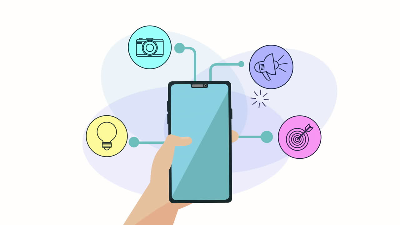 소셜 미디어 마케팅 애니메이션을 가진 스마트폰