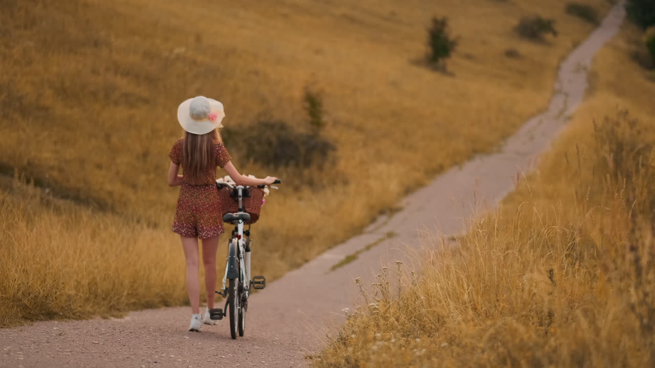 뒷모습: 바구니에 꽃을 넣은 드레스와 레트로 자전거를 입은 아름다운 금발이 여름의 에서 길을 따라 걸어 돌아보고 미소 짓고 자유로움을 느니다.