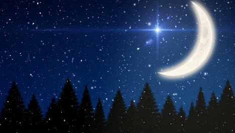 animation of snow falling over moon, stars and fir trees in winter landscape