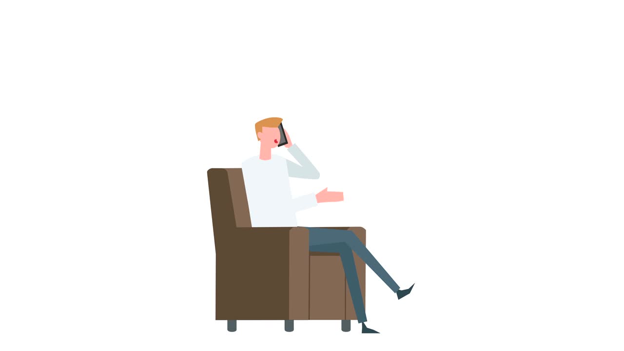 다채로운 만화 남자 캐릭터 애니메이션: 남자 의자에 앉아있는 동안 전화로 이야기합니다.