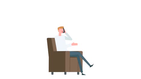 다채로운 만화 남자 캐릭터 애니메이션: 남자 의자에 앉아있는 동안 전화로 이야기합니다.