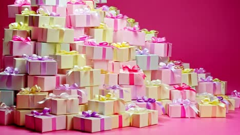 a stack of pastel-colored gifts with ribbons