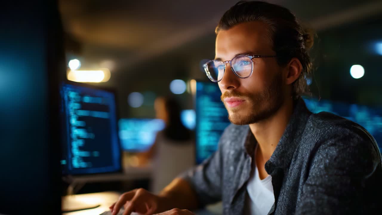 Focused Programmer Working Late at Night on Multiple Computer Screens with Code and Data, Capturing the Intensity of Software Development in a Dark Environment