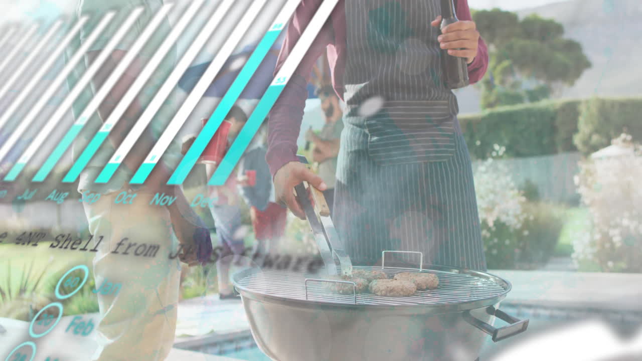 Grilling barbecue outdoors, diverse people with data processing animation overlay