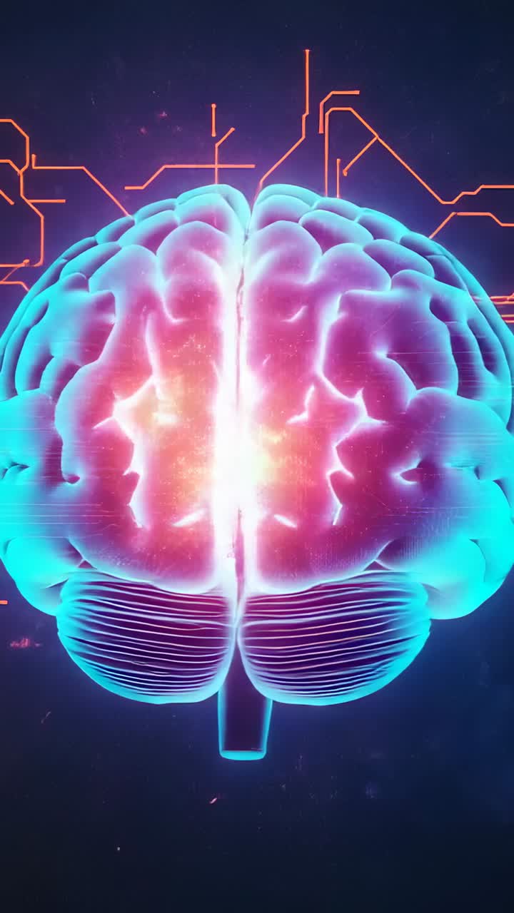 Vertical video: Opening with glowing 3D brain rotating in virtual space neon circuits and sparks