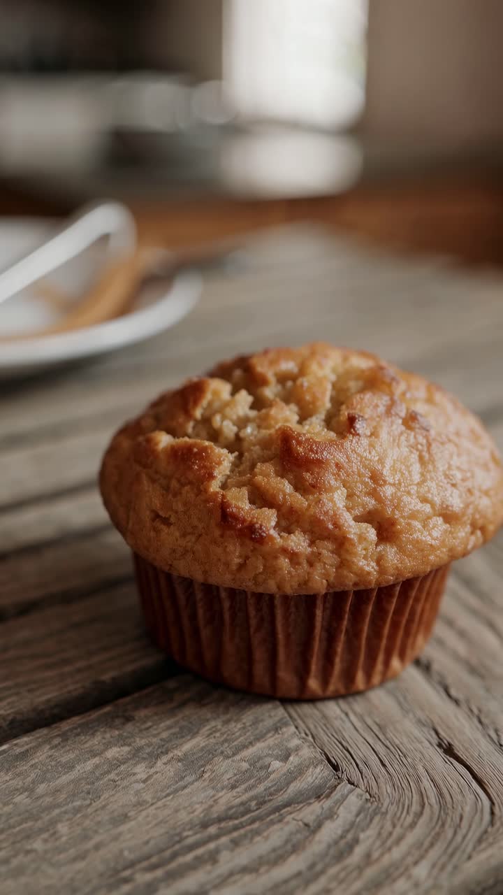 Ripresa video ravvicinata di un muffin su un tavolo di legno rustico, catturata da un'angolazione bassa