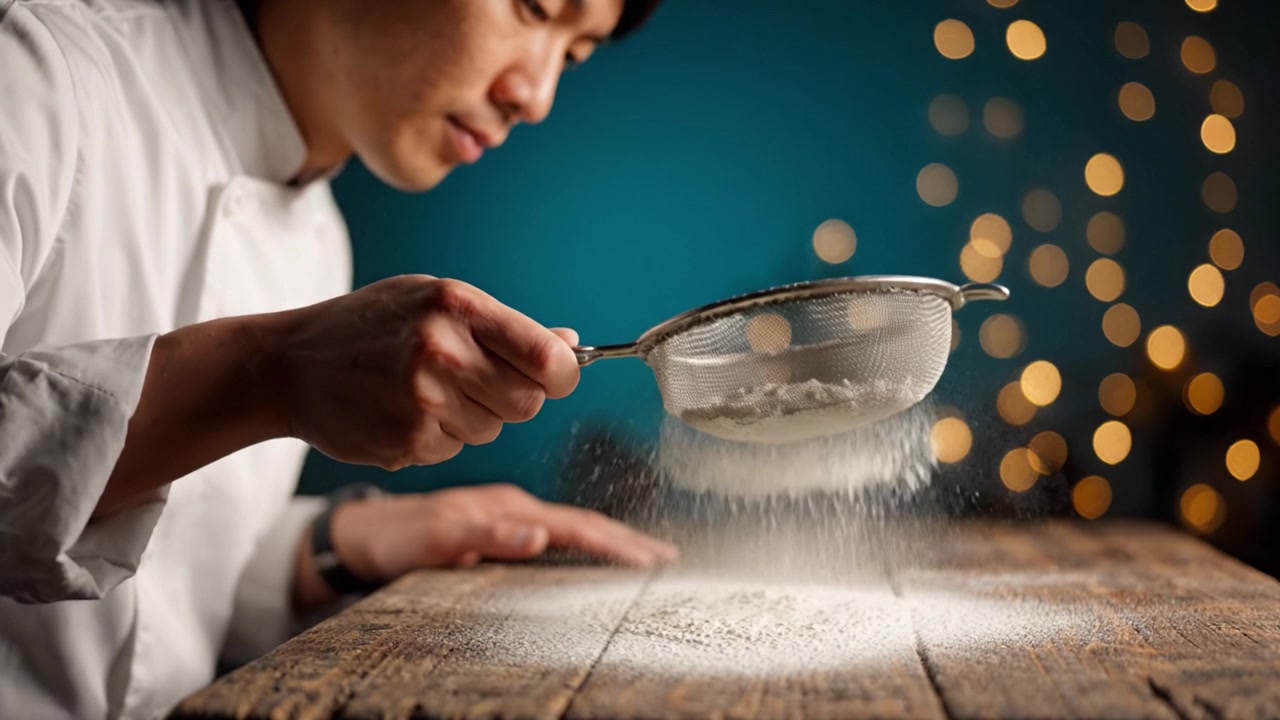 Culinary Artistry: A Dedicated Chef Sifting Flour with Precision and Focus While Creating a Masterpiece Amidst a Softly Lit, Magical Setting