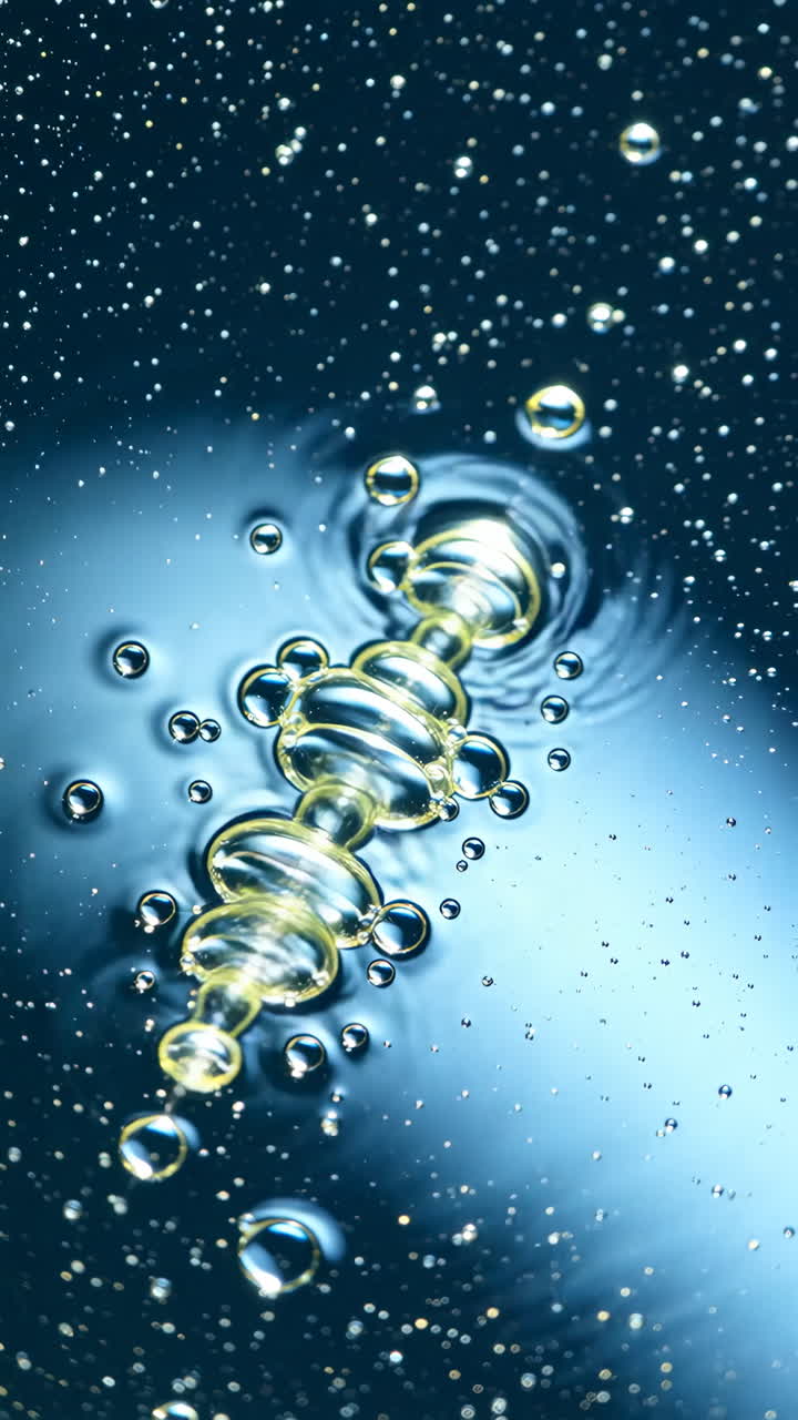 Abstract Macro Shot of Golden Bubbles in Blue Liquid