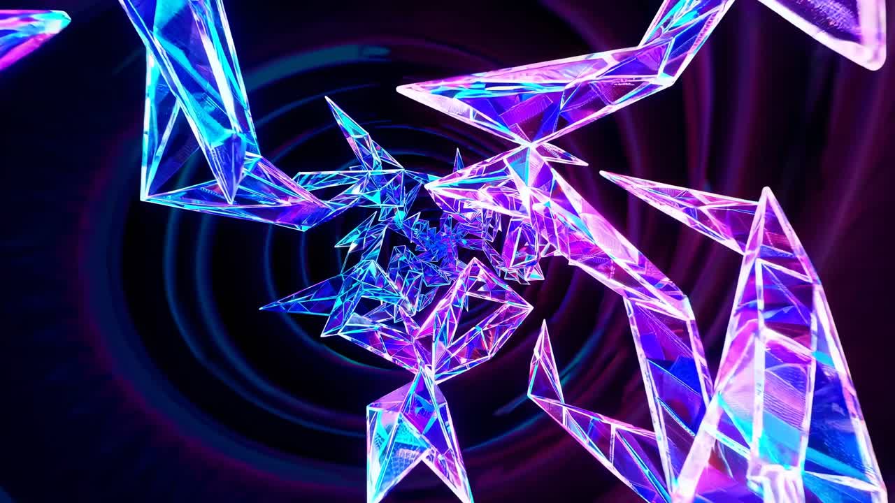 Abstract video art with neon geometric shapes spiraling in a vortex