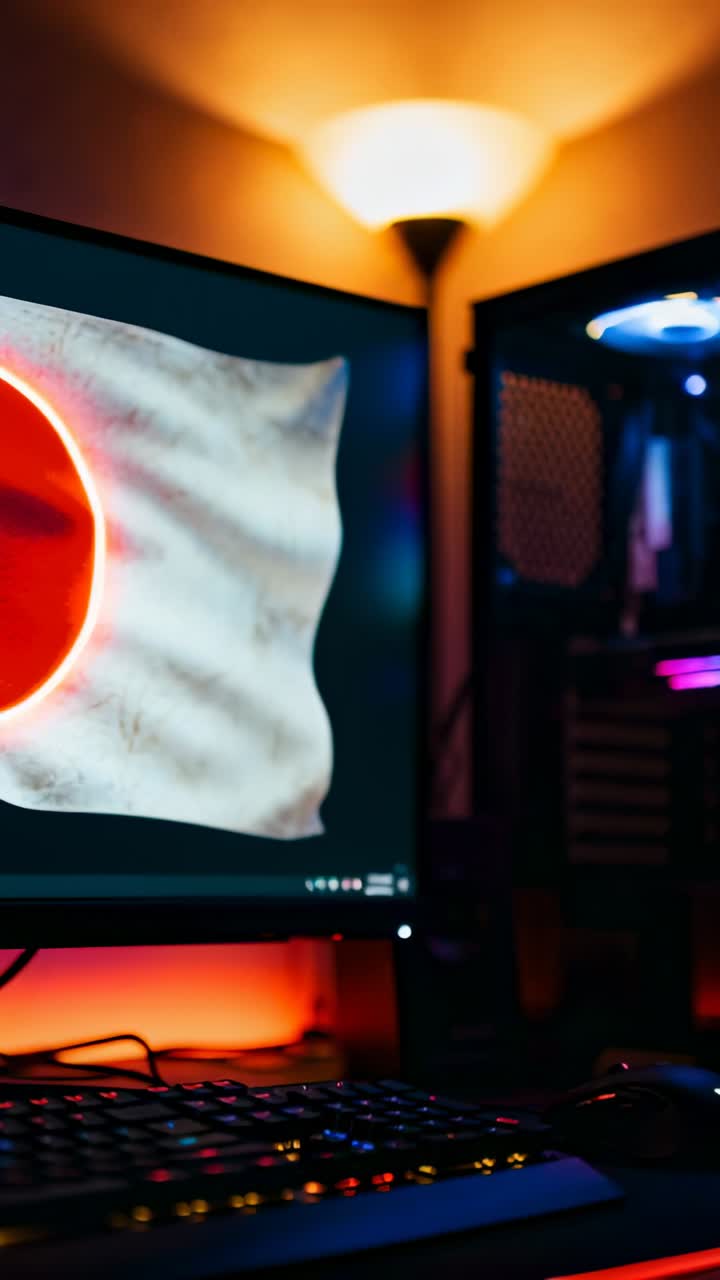 Vertical video: Showing monitor displaying rippling white flag left of desk, with RGB keyboard