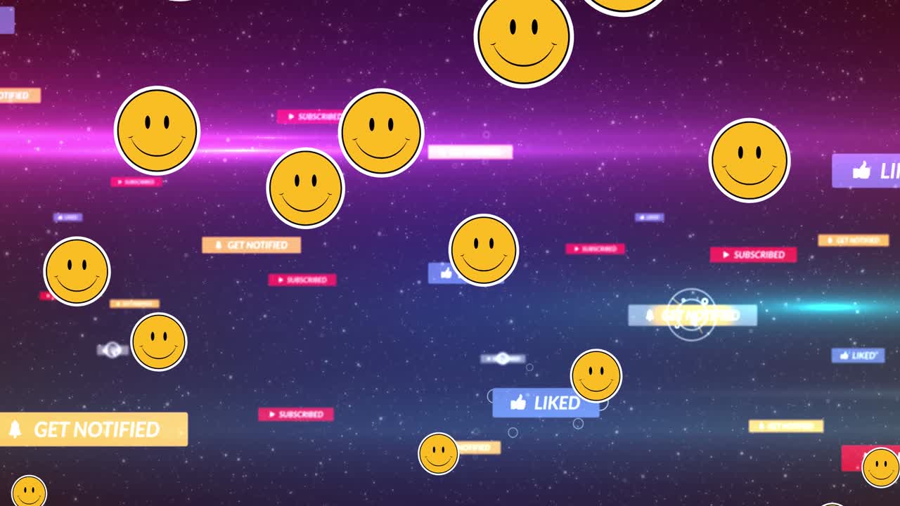 어두운 배경 위에 떨어지는 소셜 미디어 아이콘과 이모지 애니메이션