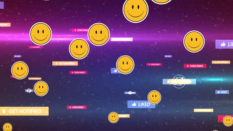 animación de iconos y emojis de redes sociales que caen sobre un fondo oscuro