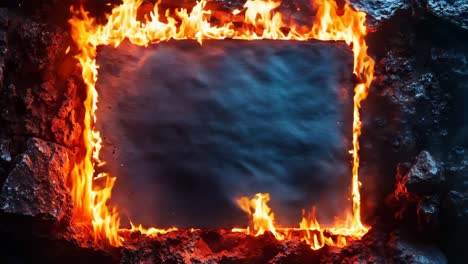 a picture frame in the middle of a fire pit filled with coal