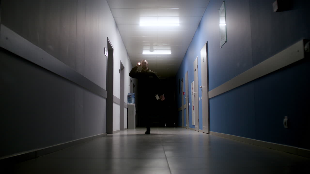 복도에서 일하는 제복을 입은 남자