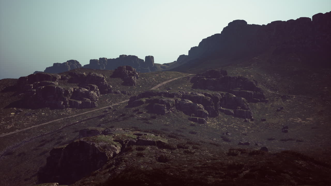 Sunset over rocky landscape in a remote mountainous area of nature