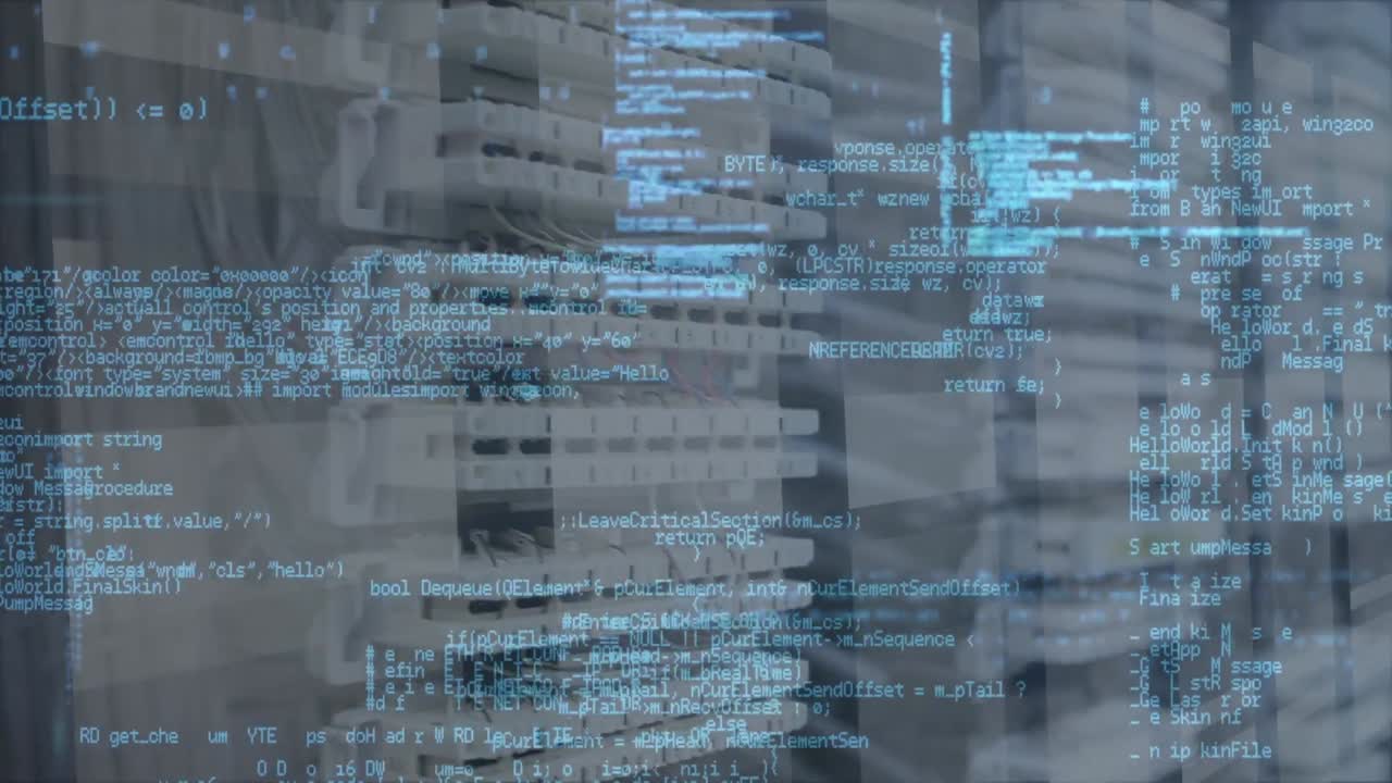Animation of data processing and light trails against close up of computer servers