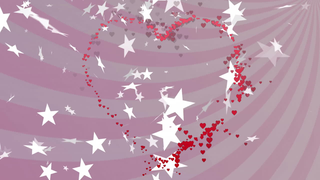 보라색 배경에 나선형 패턴으로 떨어지는 작은 심장과 별의 애니메이션