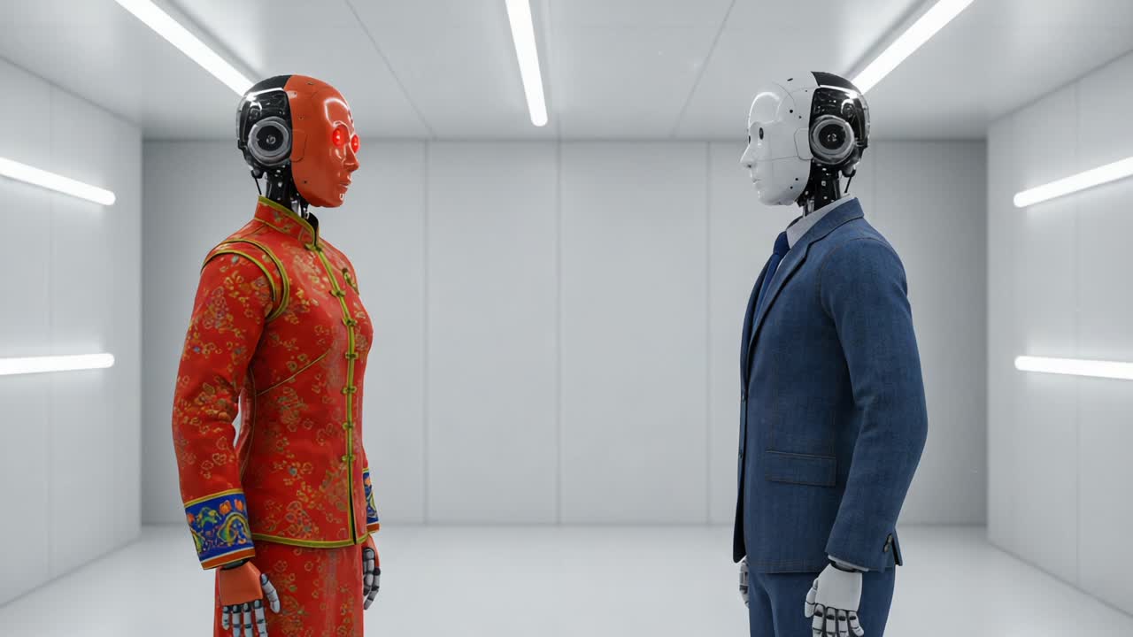 Futuristic Encounter: Two Distinct Robots in a Minimalist Setting, One Adorned in Traditional Attire and the Other in Modern Formal Wear, Engaging in a Thought-Provoking Interaction