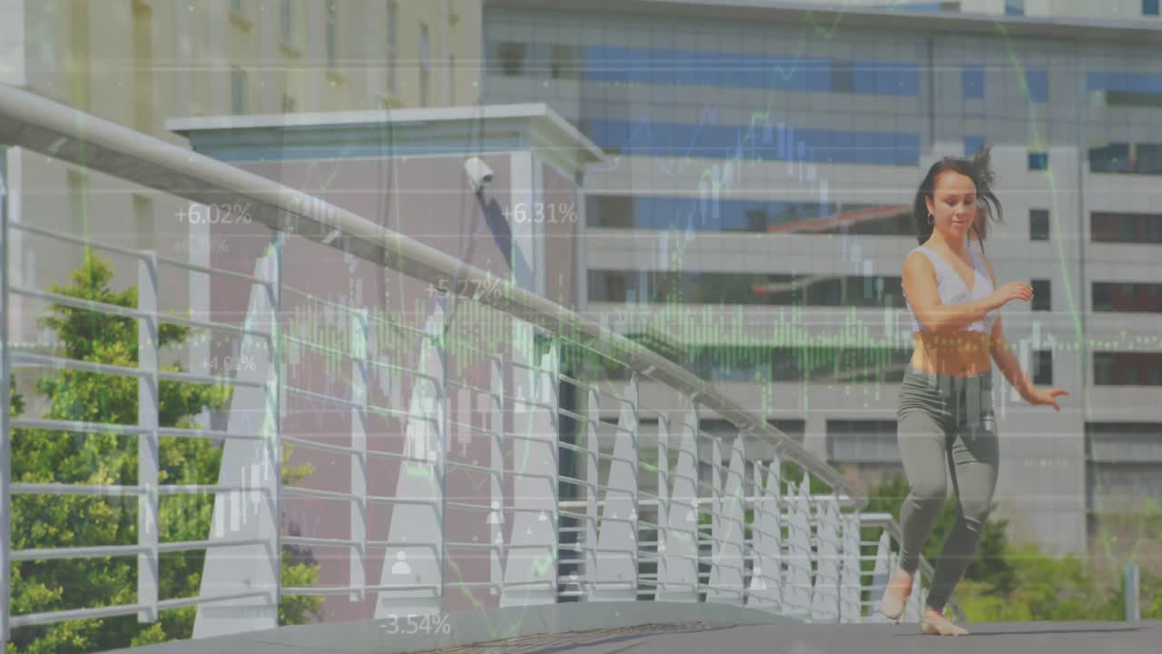 animación de gráficos y personas iconos sobre mujer joven caucásica saltando con gracia en el puente de la ciudad