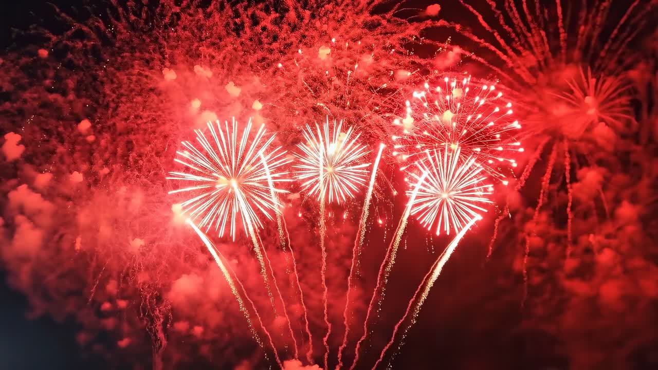 夜空中絢麗煙花從低角度綻放，非常適合節日影片
