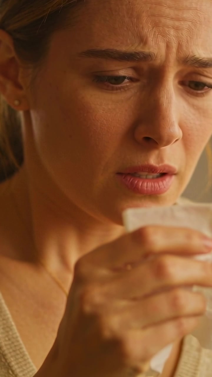 Vertical video: Pressing folded tissue, adult woman wiping tears and inspecting it at home