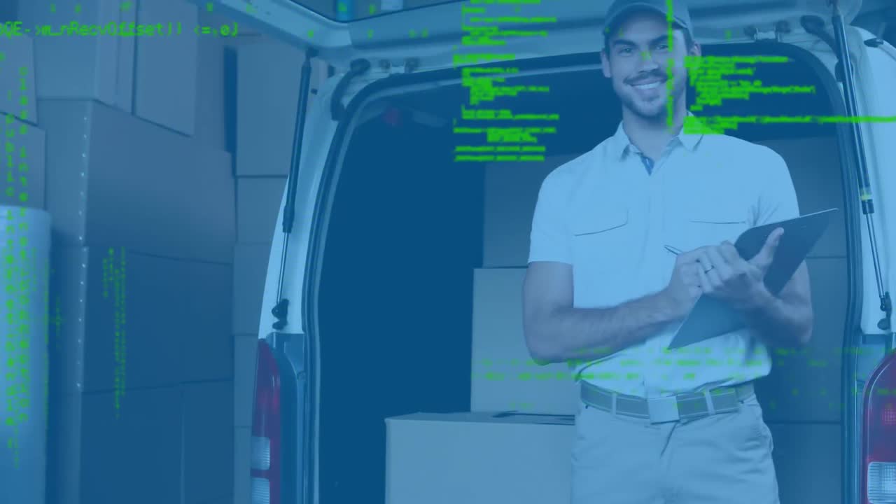 procesamiento de datos contra el repartidor caucásico con el clipboard comprobando el stock en la furgoneta