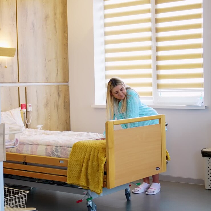 Pregnant blonde lady in the hospital ward. Lady leans on the bed to relief pain from contractions