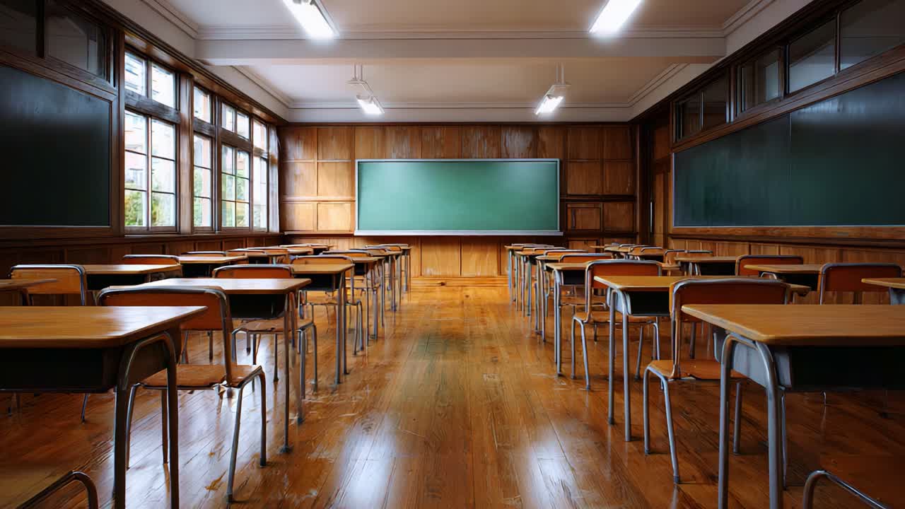 A Captivating View of a Traditional Classroom Setting with Desks and Chalkboards, Showcasing an Empty Learning Environment Bathed in Natural Light