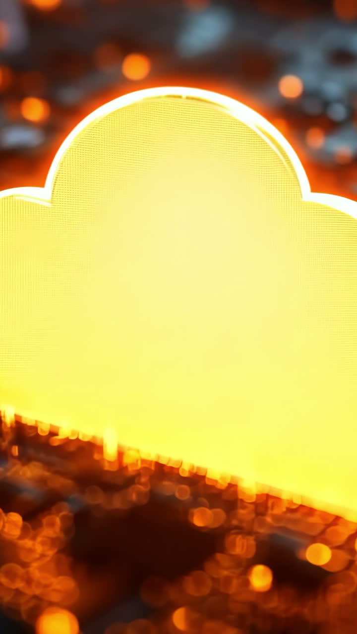 A glowing cloud is on a computer chip. The cloud is surrounded by a cityscape. Concept of technology and innovation