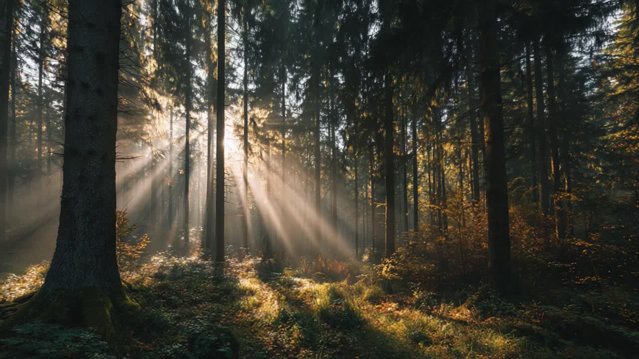 Mystical Forest with Sunlight Streaming Through Trees, Creating a Magical Atmosphere of Tranquility and Natural Beauty in a Peaceful Woodland Setting