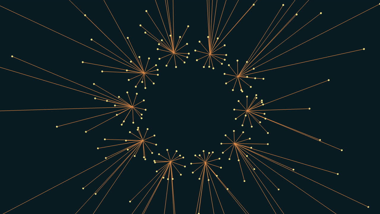 Circular design comprised of connected dots and lines. Dots arranged in a circle with connecting lines featuring small circle connectors. Branching lines emanate from the center