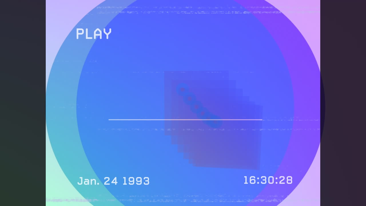 Animation of antique video playing on screen with blue circles and moving square shapes