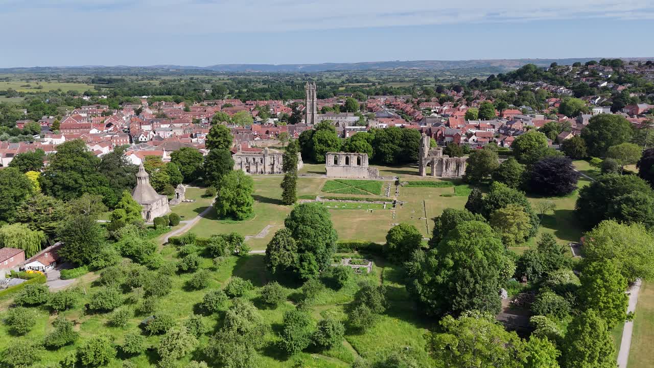 Glastonbury Abbey ruins Somerset UK drone,aerial