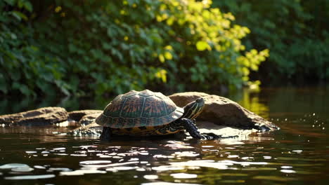 turtle resting on a rock in a calm pond or river