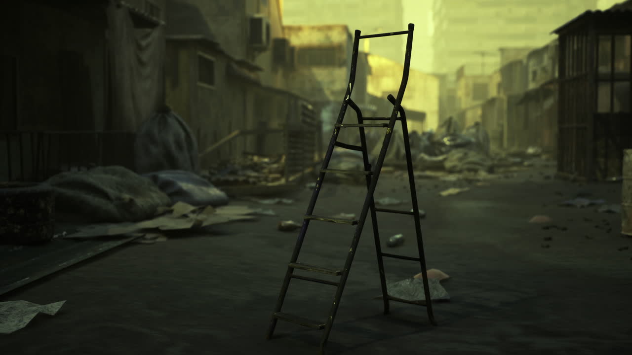 Ladder stands alone in abandoned urban street with debris and desolation