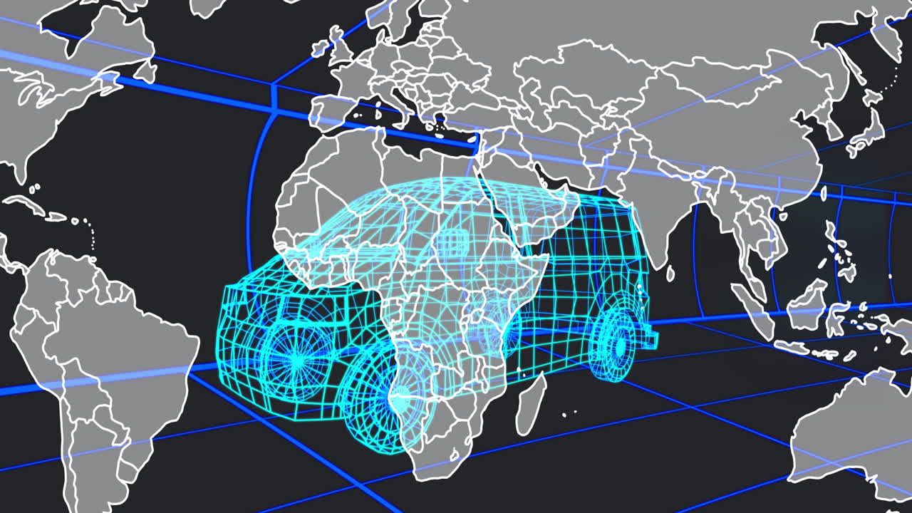 Cyan 3D wireframe SUV cruising across world map interface, showing blue grid lines and network arcs
