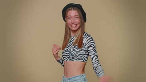 girl showing inviting gesture with hands, ask to join, beckoning to coming, gesturing hello, goodbye
