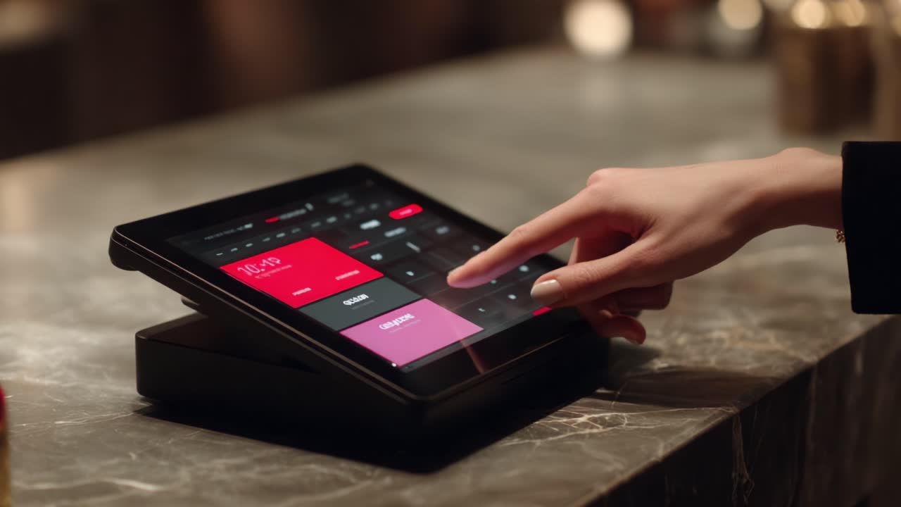 A Close-Up View of a Person Using a Touchscreen Tablet on a Marble Countertop, Interacting with an Application Interface for Seamless Digital Communication and Service Management