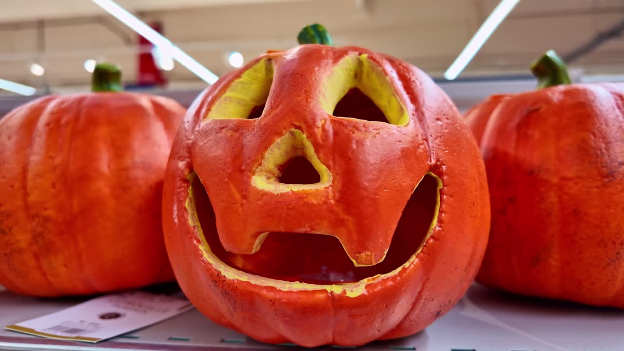 Close-up shot of a carved Halloween pumpkin decoration with a smiling face displayed on a store shelf among other pumpkins