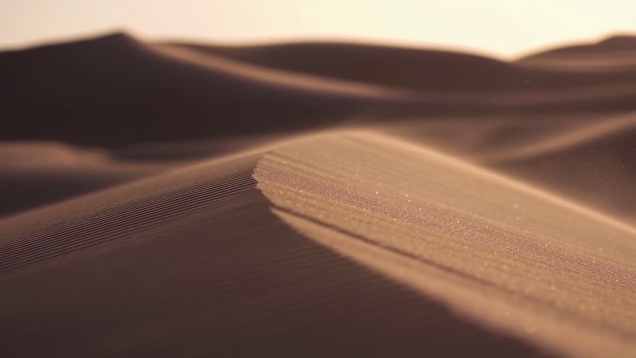 Vento che soffia sabbia attraverso le dune del deserto al tramonto