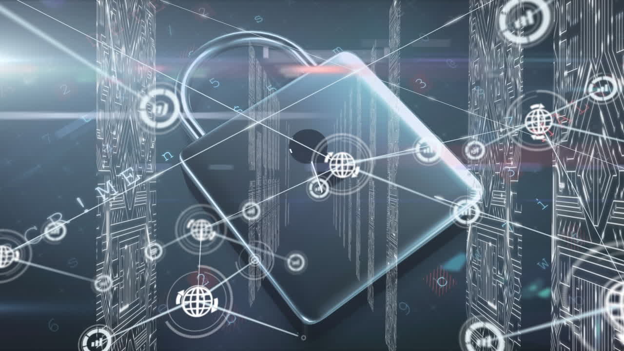 animación de la red de conexiones con iconos sobre la sala del servidor