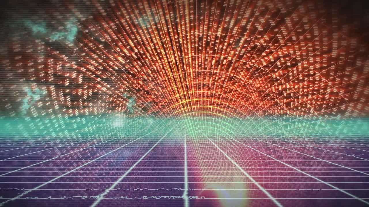 오렌지, 녹색, 보라색의 다채로운 불빛으로 만들어진 터널의 애니메이션