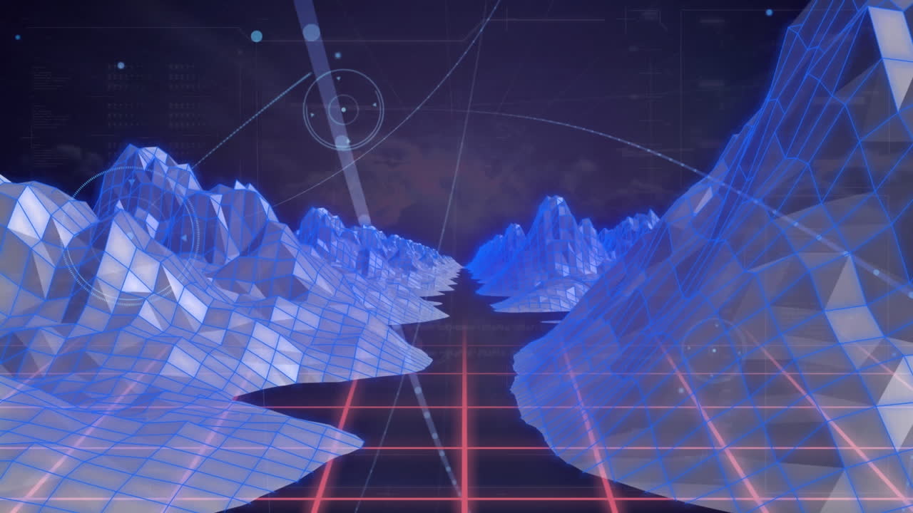 Animation of digital landscape over pink grid