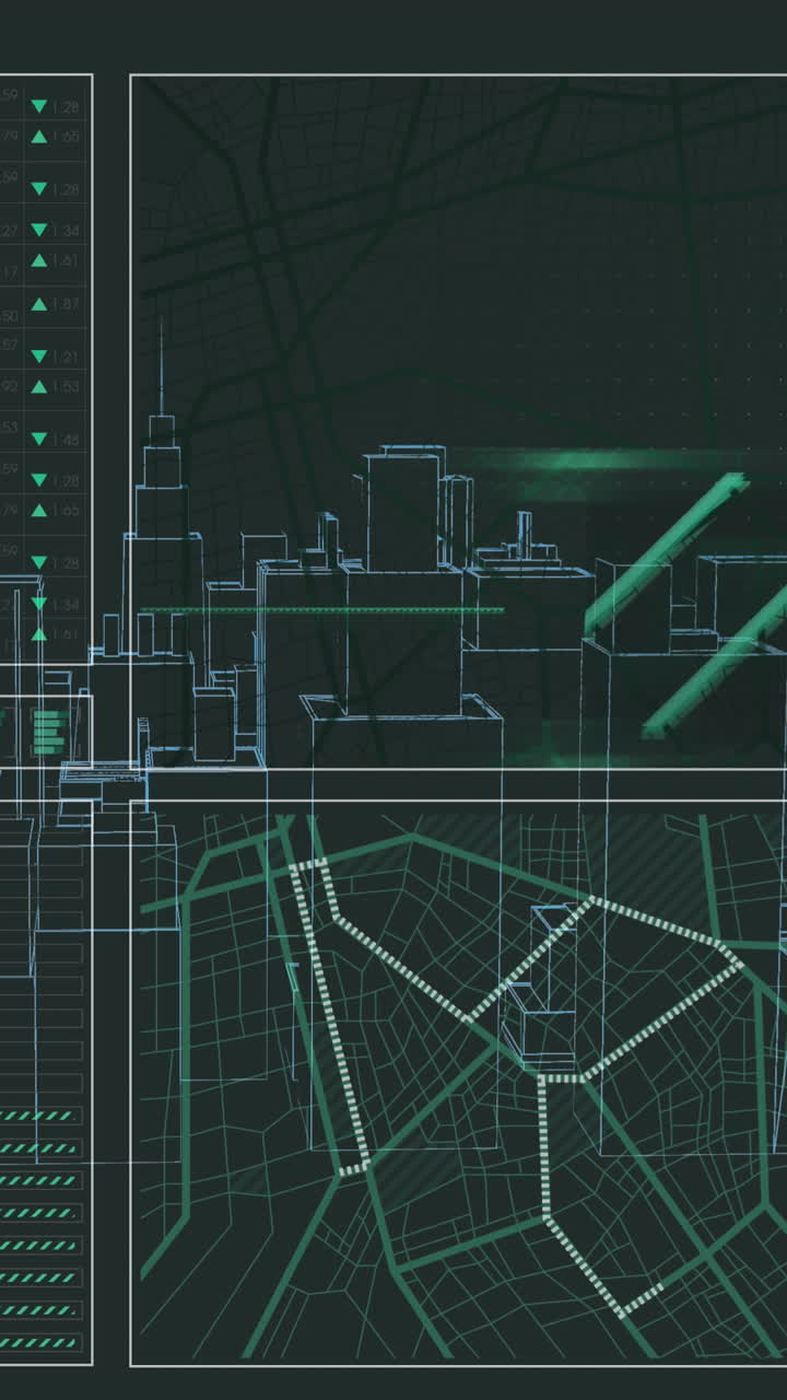 animación del procesamiento de datos y la ciudad sobre fondo negro