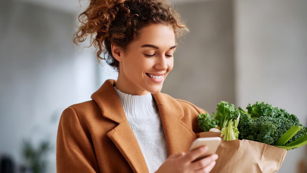 Young woman checking her phone while holding a bag of fresh greens, showcasing a modern lifestyle centered around health and convenience in contemporary living spaces