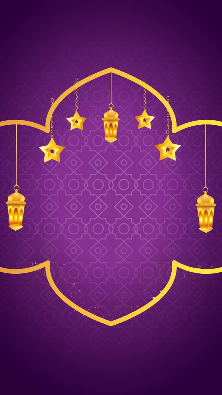 Animazione per storie di auguri Eid Mubarak con cornice ornata e lanterne appese su sfondo viola sfumato