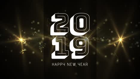 2019 new year sign against musical notes and golden light 4k